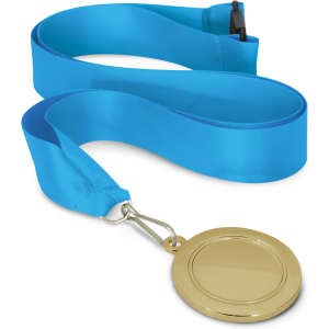 A gold podium medal with a blank circular center attached to a bright blue ribbon.