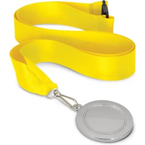 A silver medal with a blank centre hangs from a yellow ribbon, designed for promotional use.