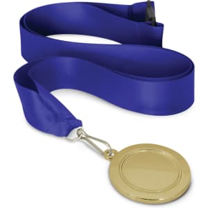 A podium medal with a 50mm gold-colored disc attached to a blue ribbon.