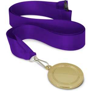 A gold podium medal with a blank center and a purple ribbon for wearing around the neck.