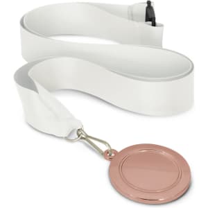 A podium medal with a 50mm round medal attached to a white ribbon. The medal features a smooth, shiny surface.