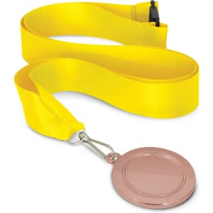 A podium medal featuring a 50mm round medal with a smooth, blank surface, attached to a bright yellow ribbon.