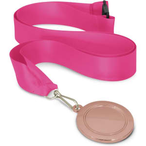 A pink ribbon medal with a circular rose gold emblem and a clip attachment.