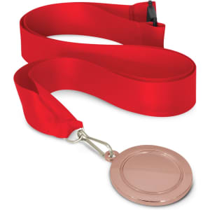 A 50mm podium medal with a shiny rose gold finish, attached to a red ribbon.