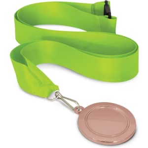 A podium medal featuring a 50mm circular medal with a blank, rose gold surface, attached to a vibrant green ribbon.