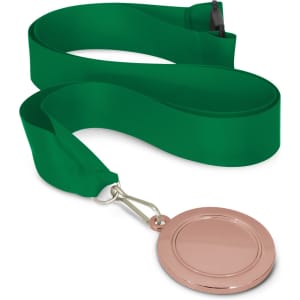 A medal with a blank, shiny rose gold circular pendant attached to a green ribbon.