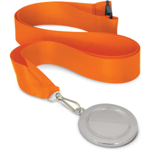 A podium medal featuring a 50mm silver medal attached to an orange ribbon.