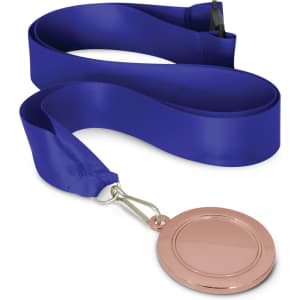 A podium medal featuring a blank, round bronze-colored medallion attached to a blue ribbon.