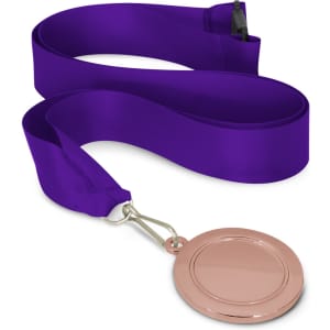 A 50mm podium medal featuring a blank, polished rose gold center, attached to a vibrant purple satin ribbon.