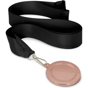 A black ribbon medal with a 50mm rose gold medal attached. The ribbon is smooth and flat.