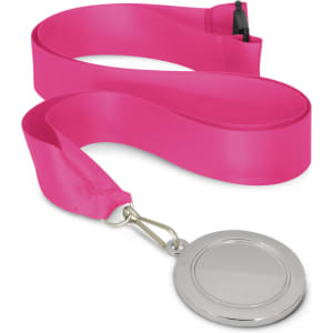 A podium medal featuring a 50mm silver medal with a blank center, attached to a vibrant pink ribbon.