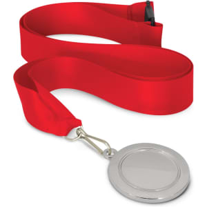 A podium medal featuring a 50mm silver medal with a blank center, attached to a bright red ribbon.