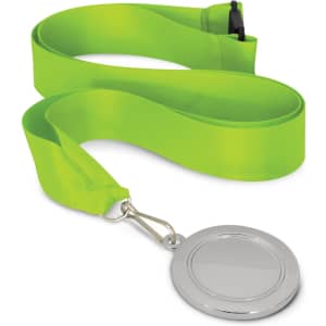 A podium medal featuring a 50mm circular metal plate and a bright green satin ribbon for wearing.