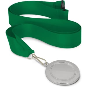 A silver podium medal with a green ribbon, featuring a metal loop for attachment.