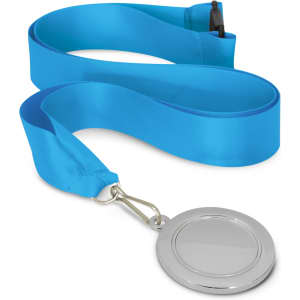 A silver medal with a blank centre, attached to a turquoise ribbon. The ribbon is smooth and shiny.
