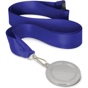 A podium medal with a 50mm silver circular pendant attached to a blue satin ribbon.