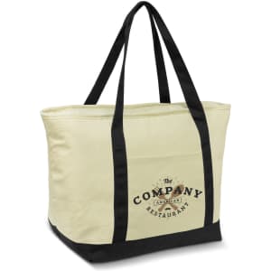 A cream cooler bag with black straps and a logo on one side.