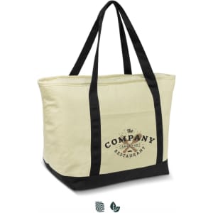 A large cream cooler bag with black straps and a logo on the front. Ideal for carrying chilled items.