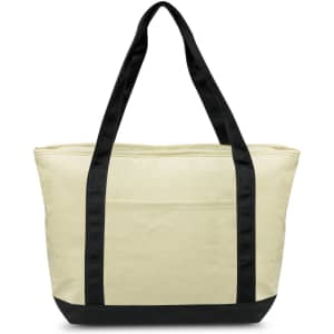 A large cream cooler bag with black straps and a top zip, featuring an exterior pocket and a logo.