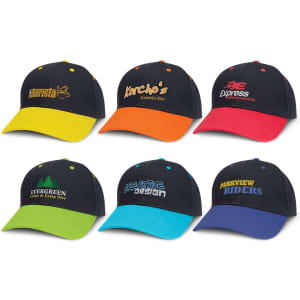 A collection of six caps featuring various colours: navy blue, green, orange, yellow, red, and blue, each with a logo.