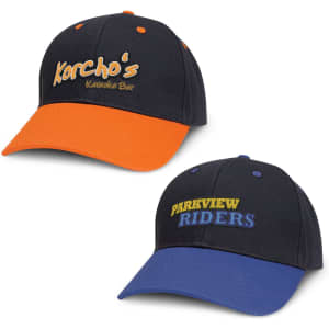 Two Highlander Caps in black with orange and blue brims, each featuring different embroidered logos.