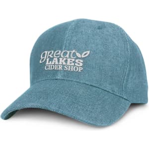 A teal denim cap featuring a logo, designed for casual headwear.