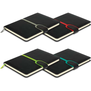 A set of black notebooks featuring elastic closures in red, green, and blue, with matching ribbon page markers.