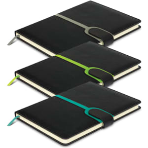 A set of three black notebooks with coloured elastic bands in grey, green, and blue. Each notebook has a bookmark.