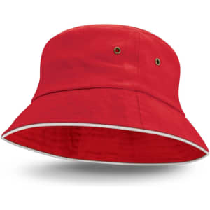 A red bucket hat with a white sandwich trim and eyelets, featuring a logo.