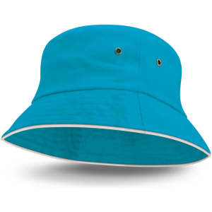 A bright turquoise bucket hat featuring a white sandwich trim and metal eyelets.