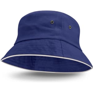 A blue bucket hat with white sandwich trim and ventilation eyelets. It features a simple, classic design.