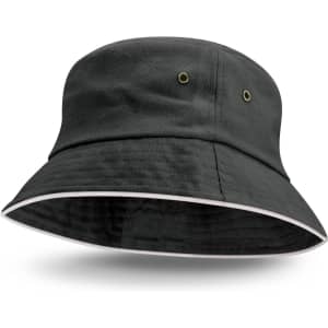 A black bucket hat with a white sandwich trim, featuring eyelets for ventilation.