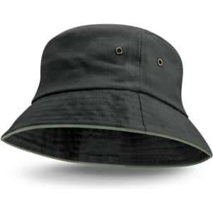 A black bucket hat with a coloured sandwich trim, featuring ventilation eyelets and a wide brim.