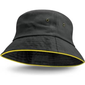 A black bucket hat featuring a coloured yellow sandwich trim and two eyelets on the sides.