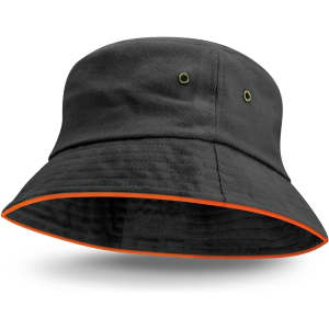 A black bucket hat with an orange sandwich trim and eyelet accents, featuring a branding logo.