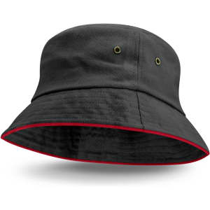 A black bucket hat featuring a coloured red sandwich trim and two ventilation eyelets.