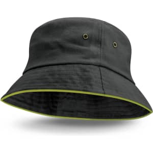 A black bucket hat with a coloured lime green trim and eyelets for ventilation. It features a circular design.