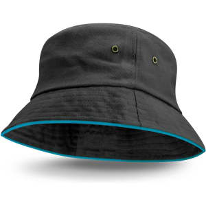 A black bucket hat featuring a coloured sandwich trim and eyelets for ventilation. It includes a logo.