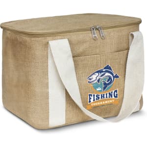 A tan cooler bag with white straps and a logo, featuring a fish and "Fishing Tournament" design.