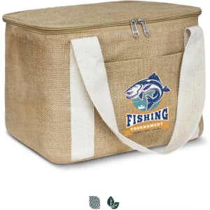 A beige cooler bag with a zip closure and white handles, featuring a fishing-themed logo on the front.
