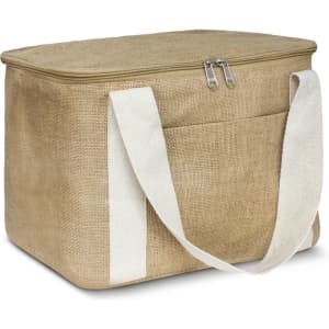 A beige cooler bag with a zip closure and white carrying straps, featuring a front pocket and logo.