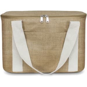 A brown cooler bag with white handles and a front pocket, featuring a zip closure. It has a simple, natural design.