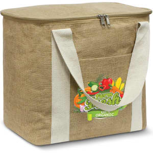 A brown cooler bag with a zipped top, featuring a front pocket and white straps, includes a logo.