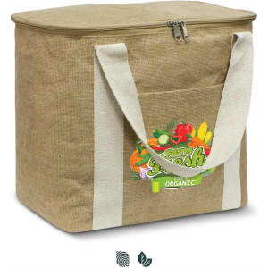 A brown cooler bag with a zip closure and white handles, featuring a graphic of fruits and vegetables.