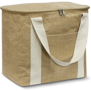 A tan cooler bag with a zippered top and white straps. The bag features a front pocket for additional storage.