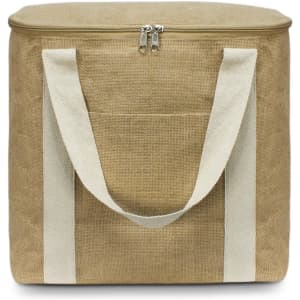 A cooler bag with a zip closure and white straps. The bag features a textured surface and a front pocket.