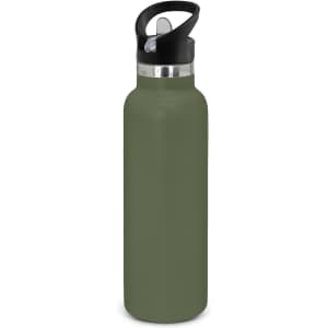 A drink bottle in a muted green colour with a black lid and a handle, featuring a logo.