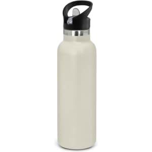 A drink bottle featuring a sleek design with a powder-coated finish and a black lid.