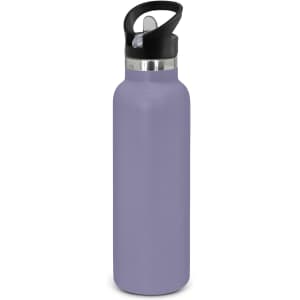 A drink bottle in a lavender colour with a black lid and a silver band, featuring a logo.