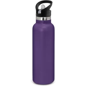 A drink bottle with a powder-coated finish in vibrant purple and a black lid, featuring a logo.